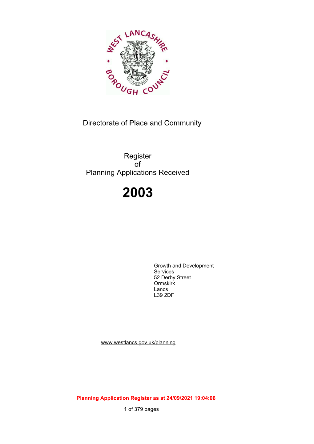 Register of Planning Applications 2003