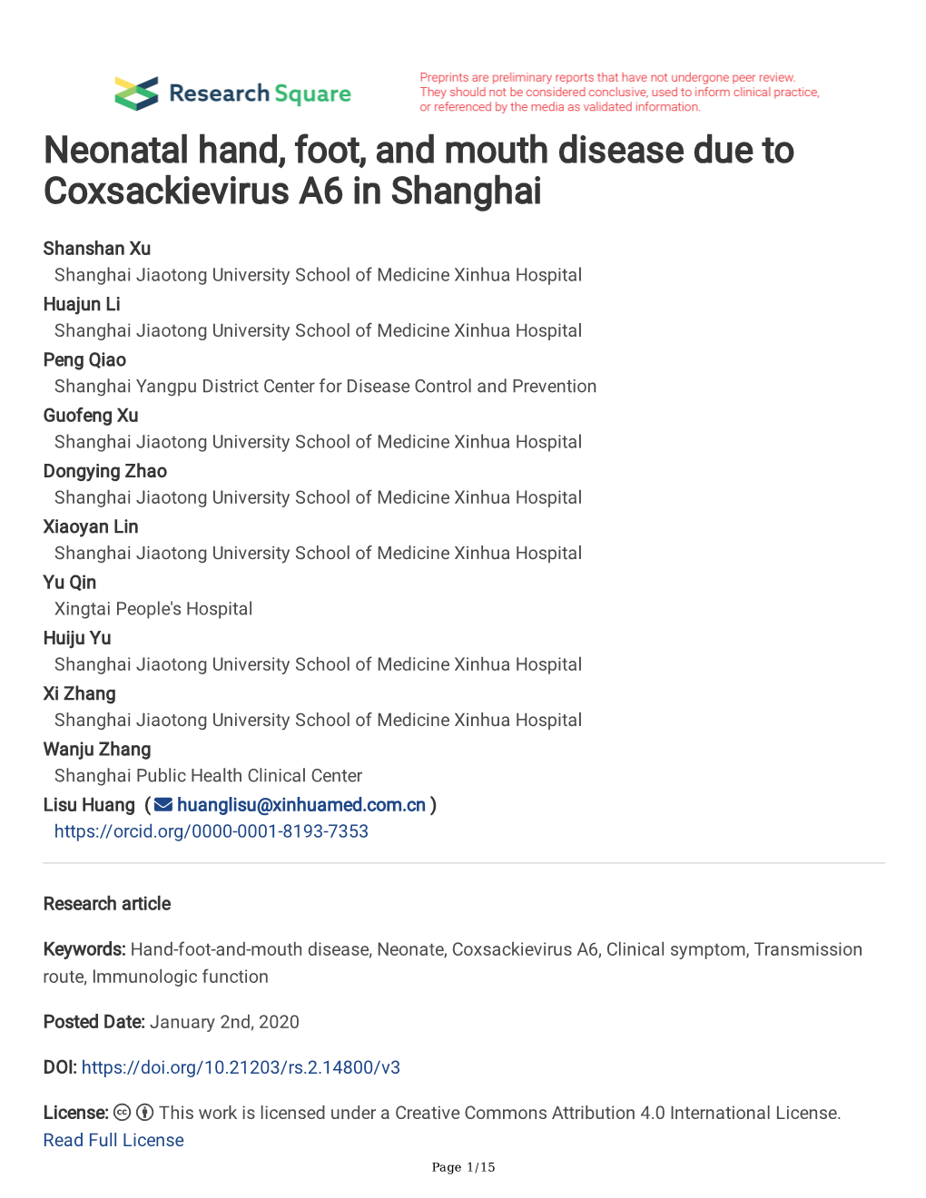 Neonatal Hand, Foot, and Mouth Disease Due to Coxsackievirus A6 in Shanghai