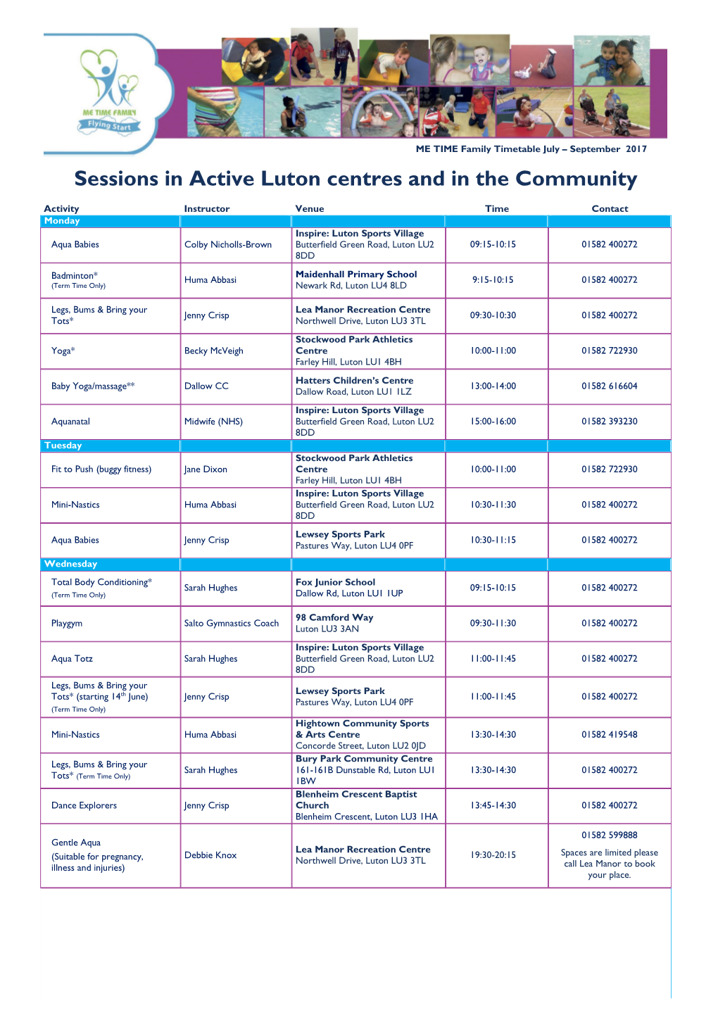Sessions in Active Luton Centres and in the Community