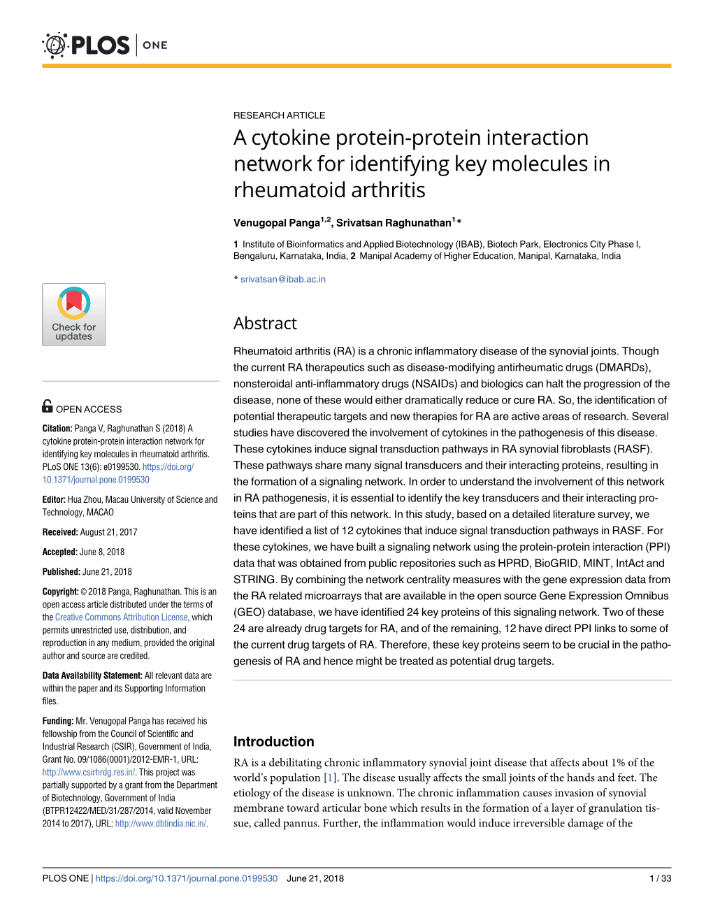 A Cytokine Protein-Protein Interaction Network for Identifying Key Molecules in Rheumatoid Arthritis