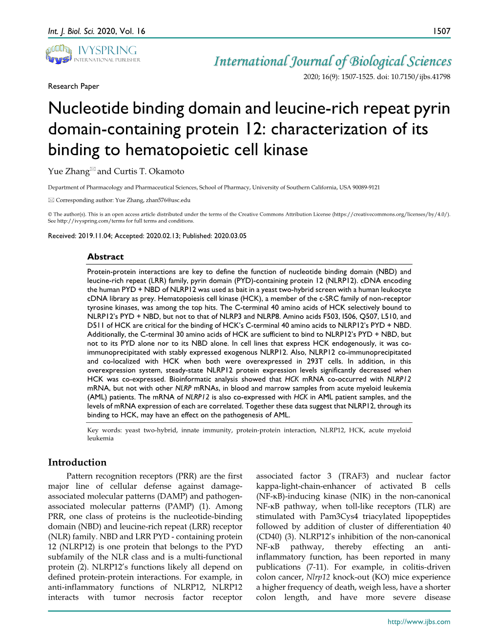 Characterization of Its Binding to Hematopoietic Cell Kinase Yue Zhang and Curtis T