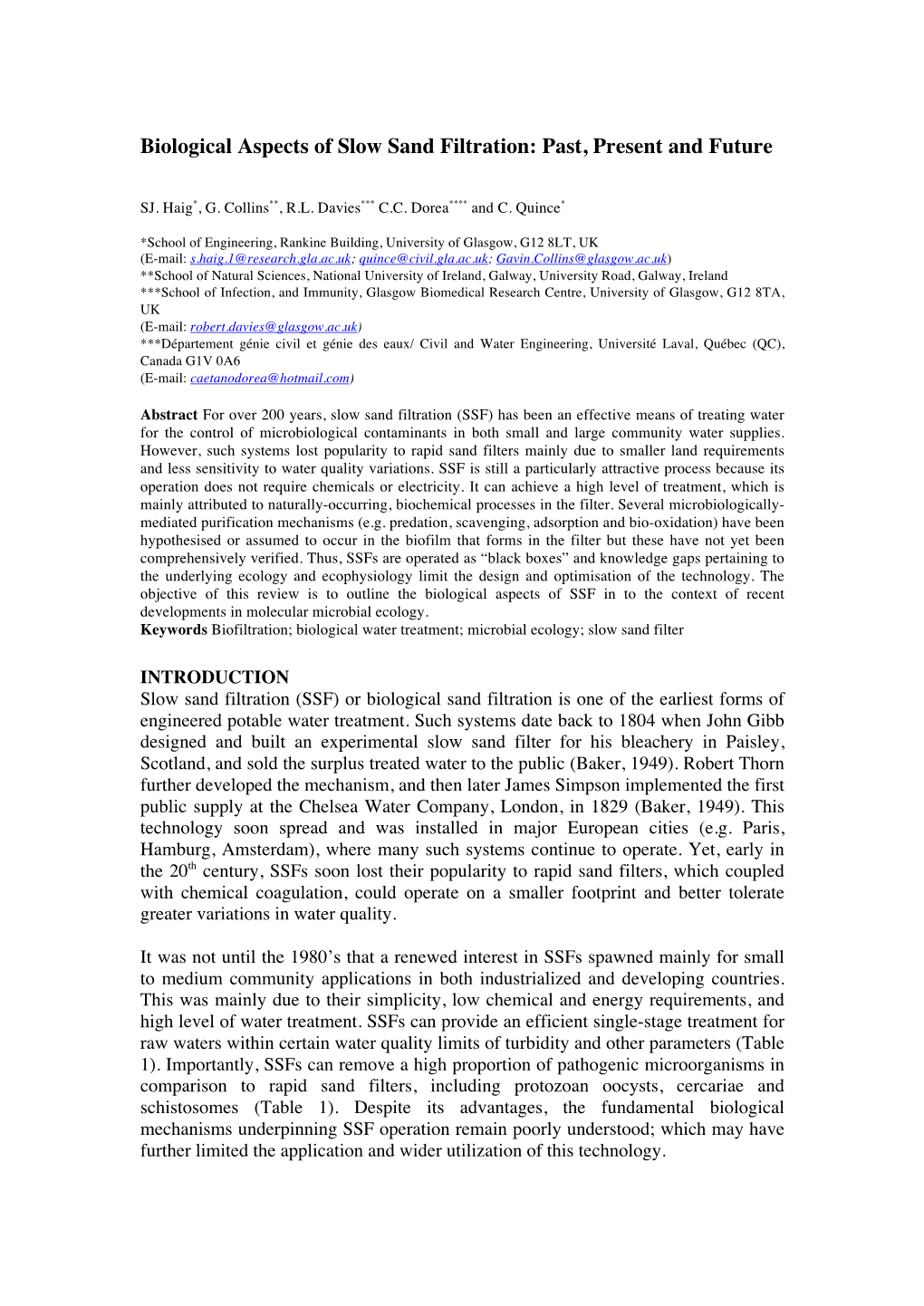 Biological Aspects of Slow Sand Filtration: Past, Present and Future