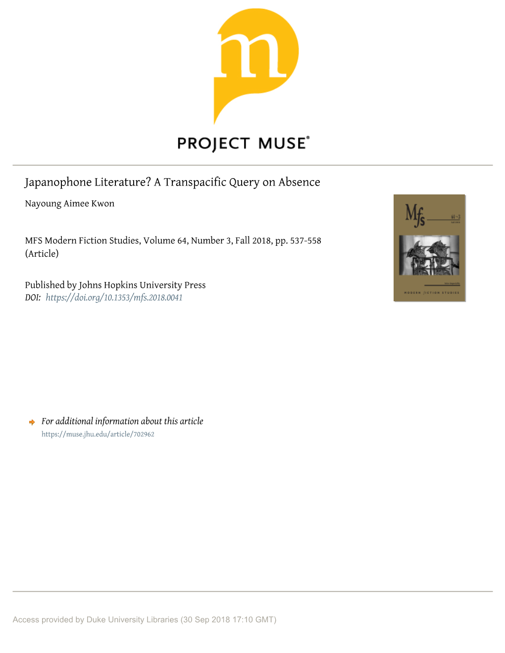 Japanophone Literature? a Transpacific Query on Absence Nayoung Aimee Kwon
