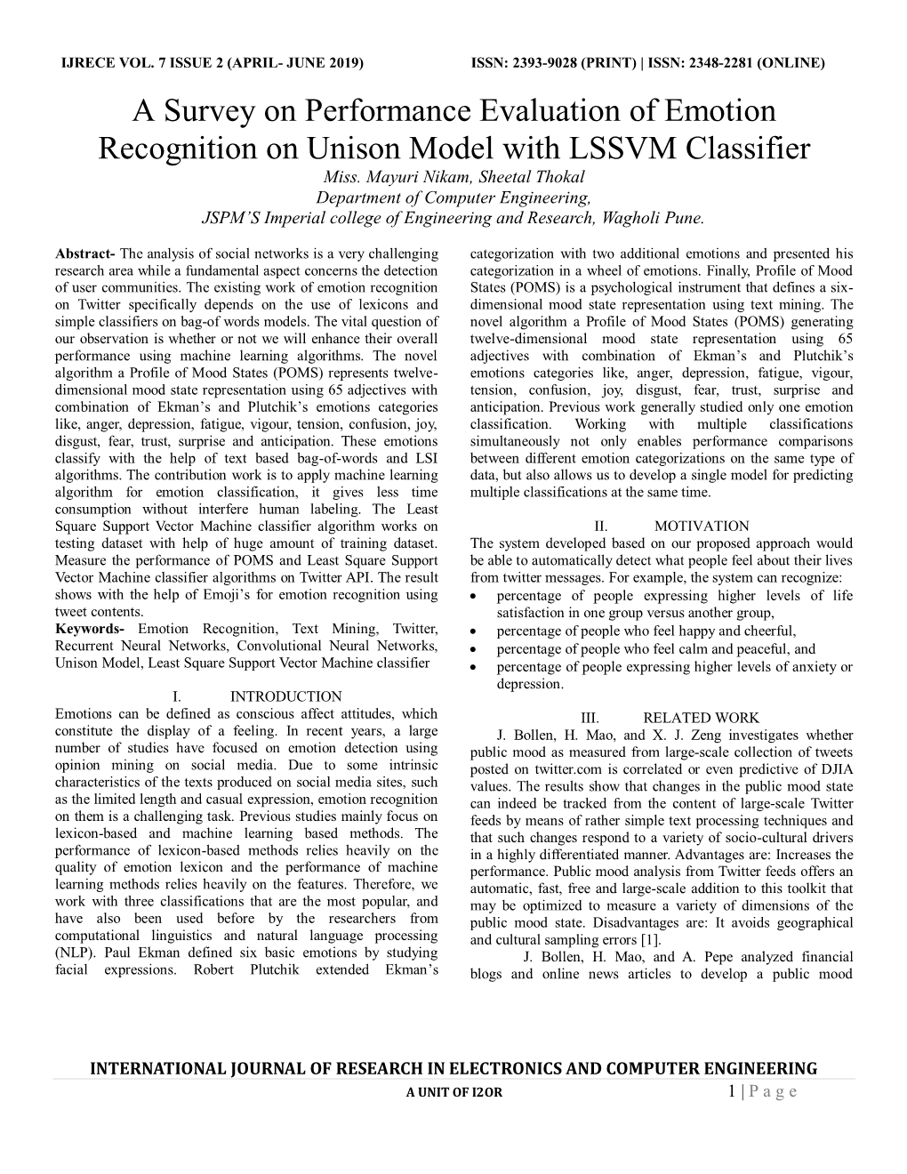 A Survey on Performance Evaluation of Emotion Recognition on Unison Model with LSSVM Classifier Miss