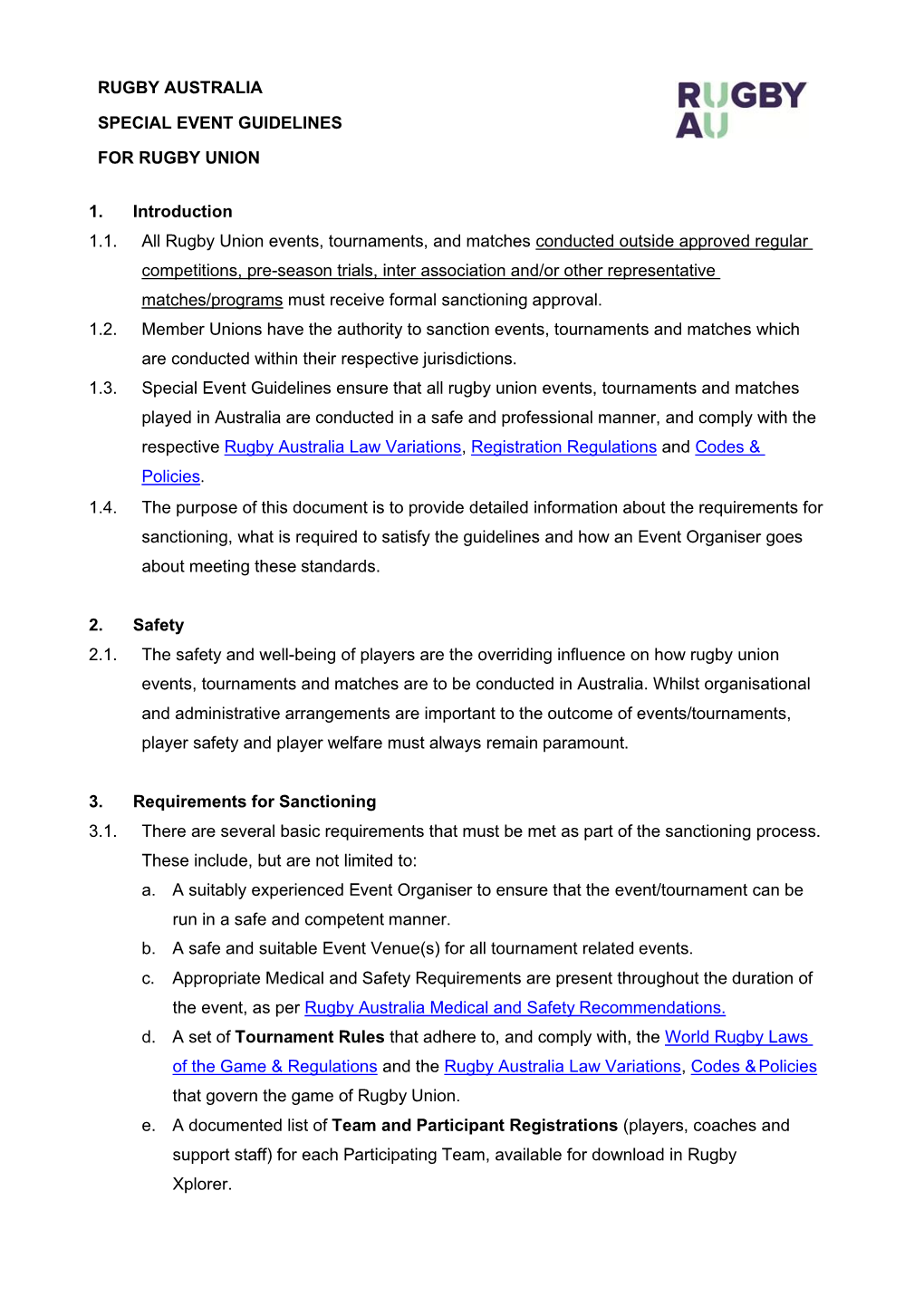 Rugby Australia Special Event Guidelines for Rugby