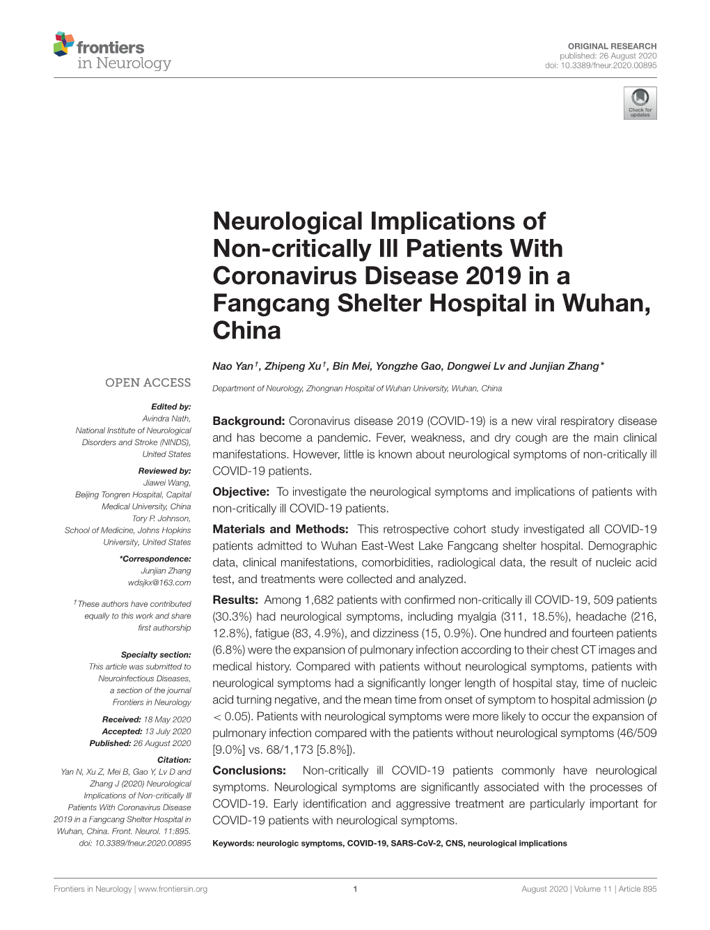 Neurological Implications of Non-Critically Ill Patients with Coronavirus Disease 2019 in a Fangcang Shelter Hospital in Wuhan, China