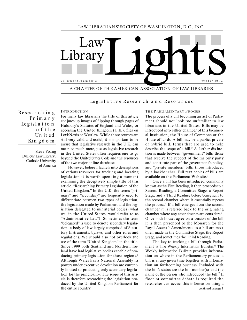 Winter 2002 a CHAPTER of the AMERICAN ASSOCIATION of LAW LIBRARIES