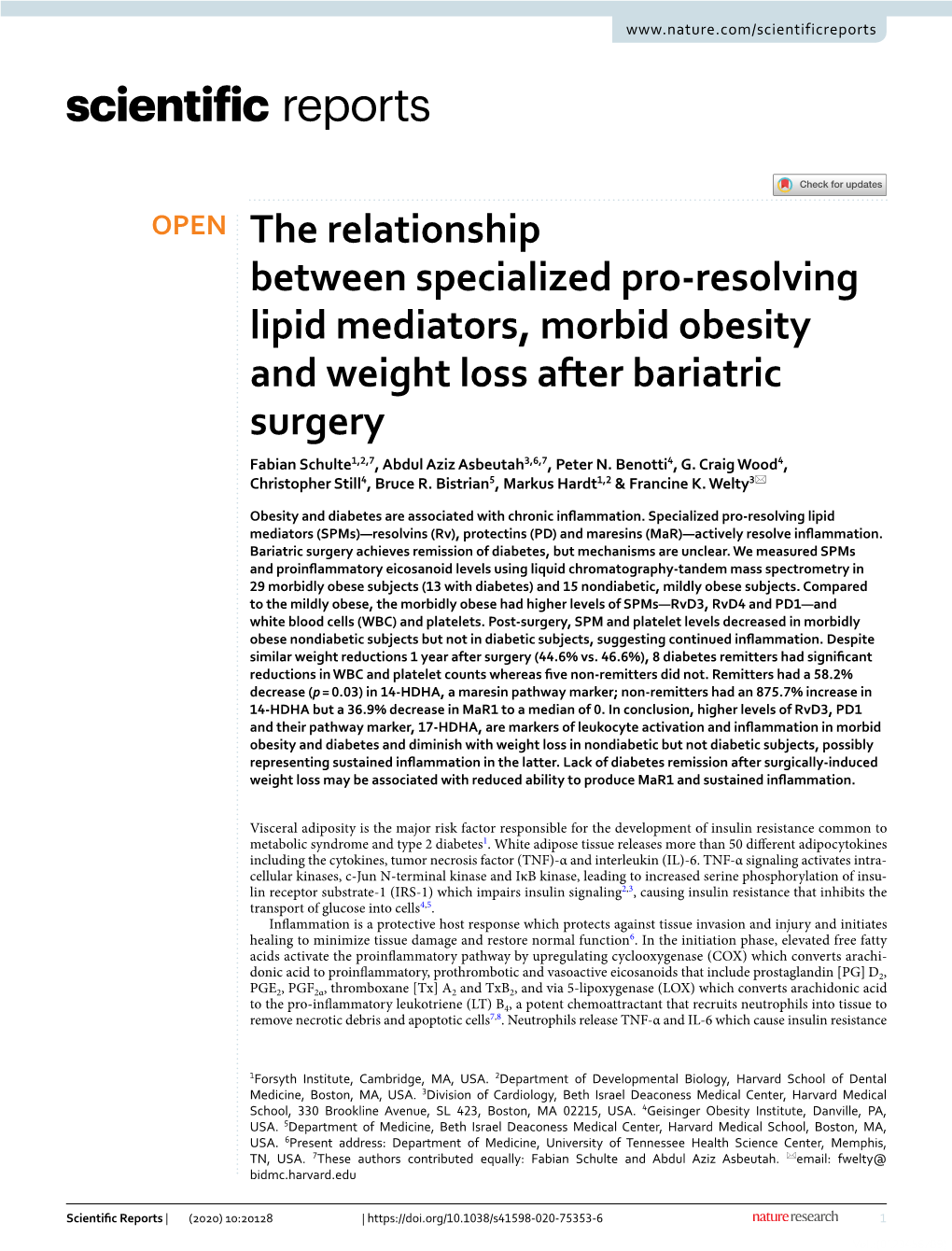 The Relationship Between Specialized Pro-Resolving Lipid Mediators, Morbid Obesity and Weight Loss After Bariatric Surgery