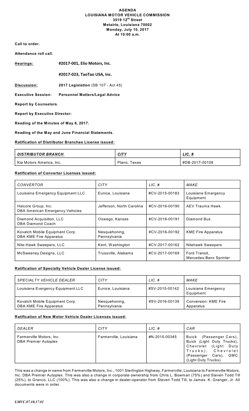 2017-001, Elio Motors, Inc. #2017-023, Taotao USA, Inc