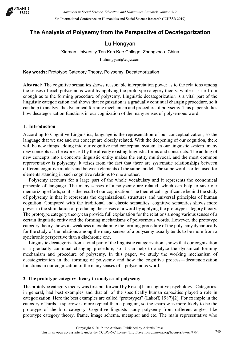 The Analysis of Polysemy from the Perspective of Decategorization Lu