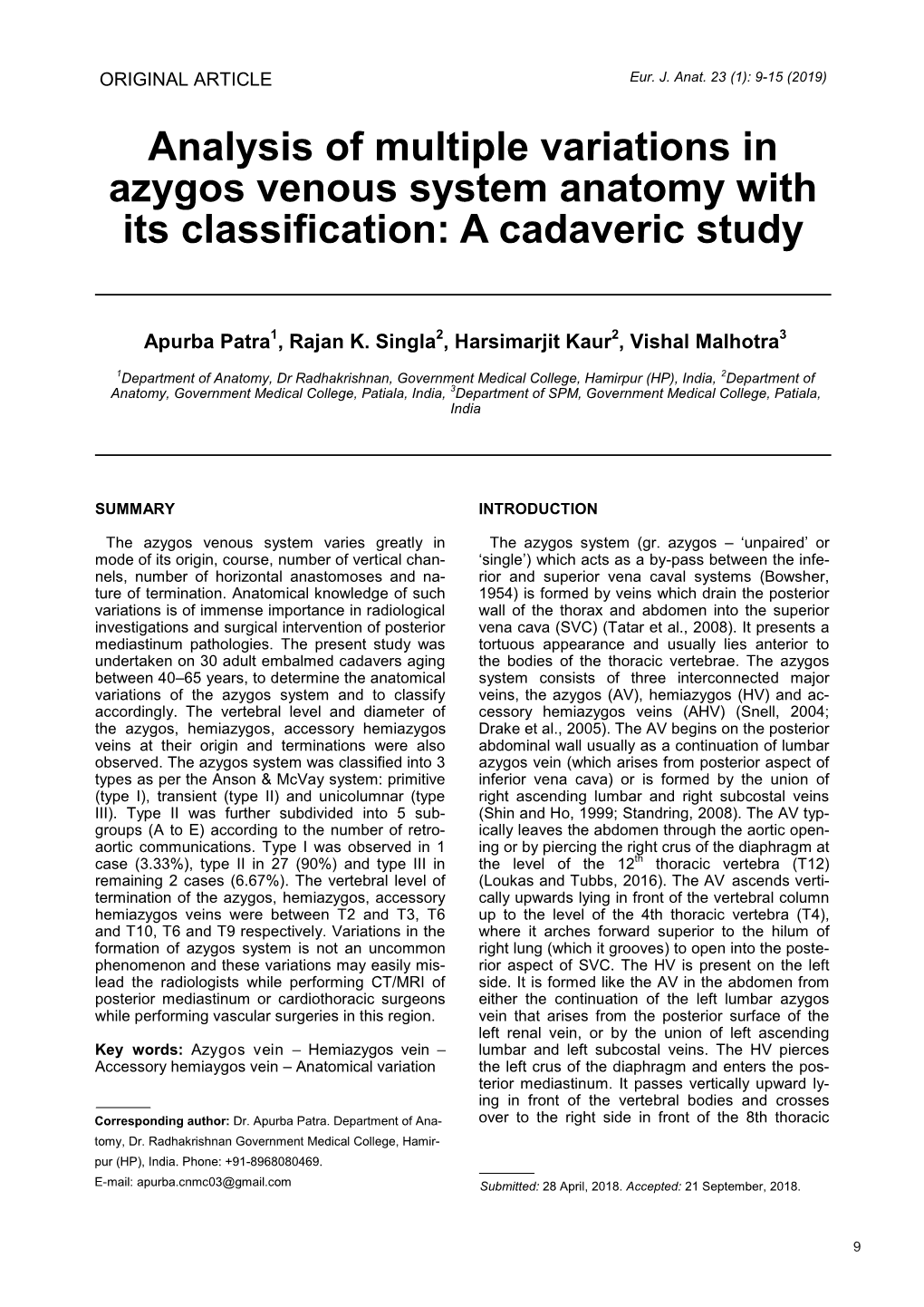 Analysis of Multiple Variations in Azygos Venous System Anatomy with Its Classification: a Cadaveric Study