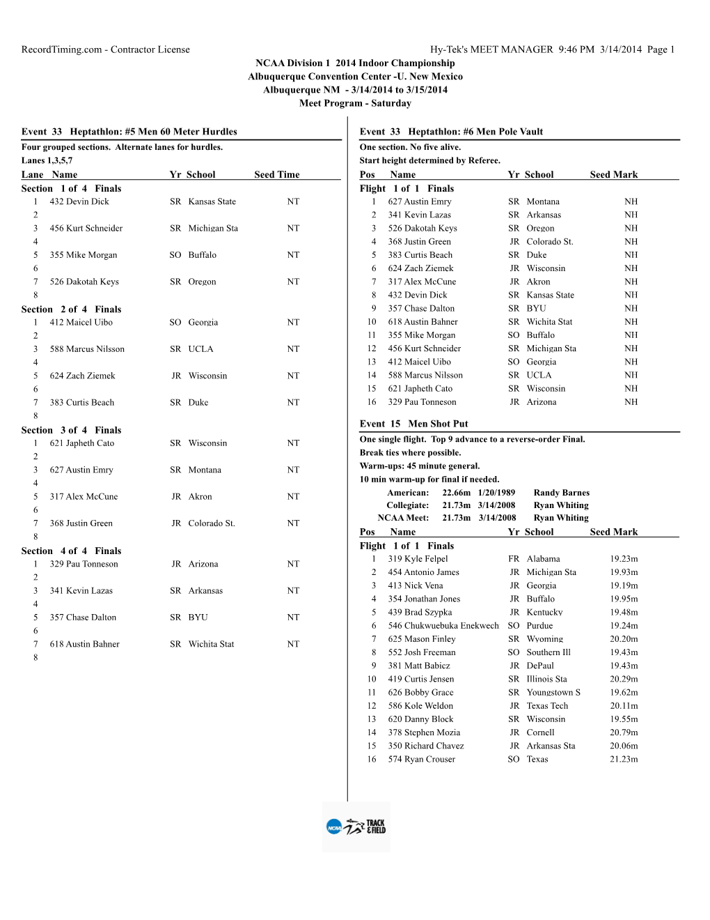 Contractor License Hy-Tek's MEET MANAGER 9:46 PM 3/14/2014 Page 1 NCAA Division 1 2014 Indoor Championship Albuquerque Convention Center -U