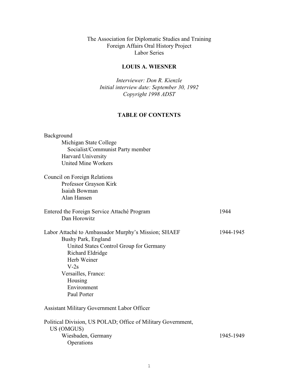 The Association for Diplomatic Studies and Training Foreign Affairs Oral History Project Labor Series