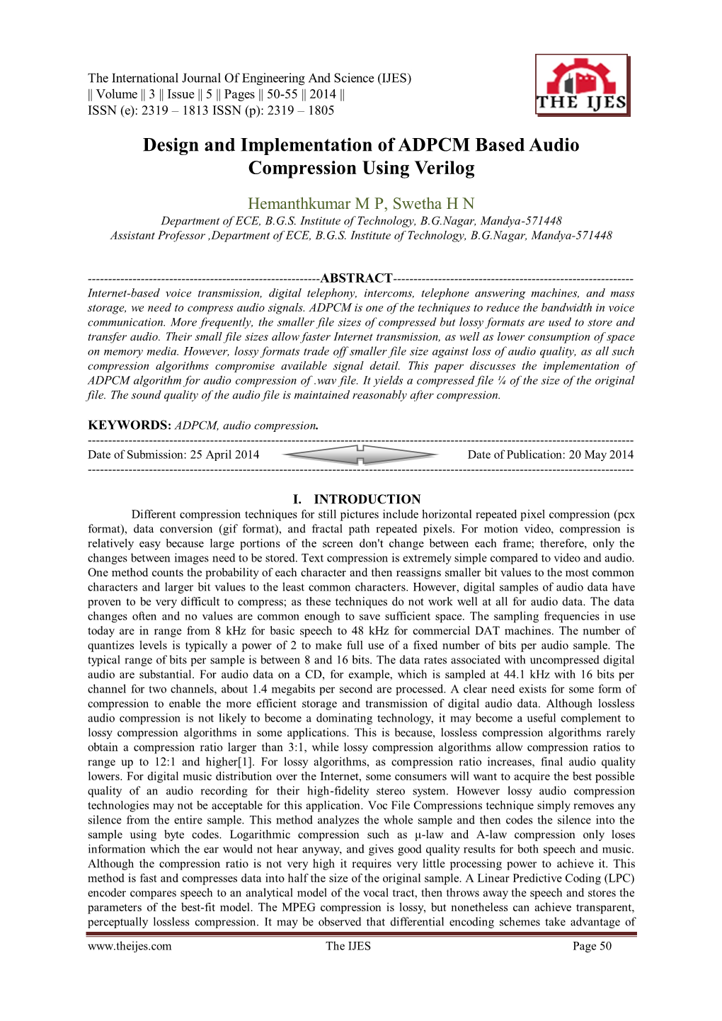 Design and Implementation of ADPCM Based Audio Compression Using Verilog
