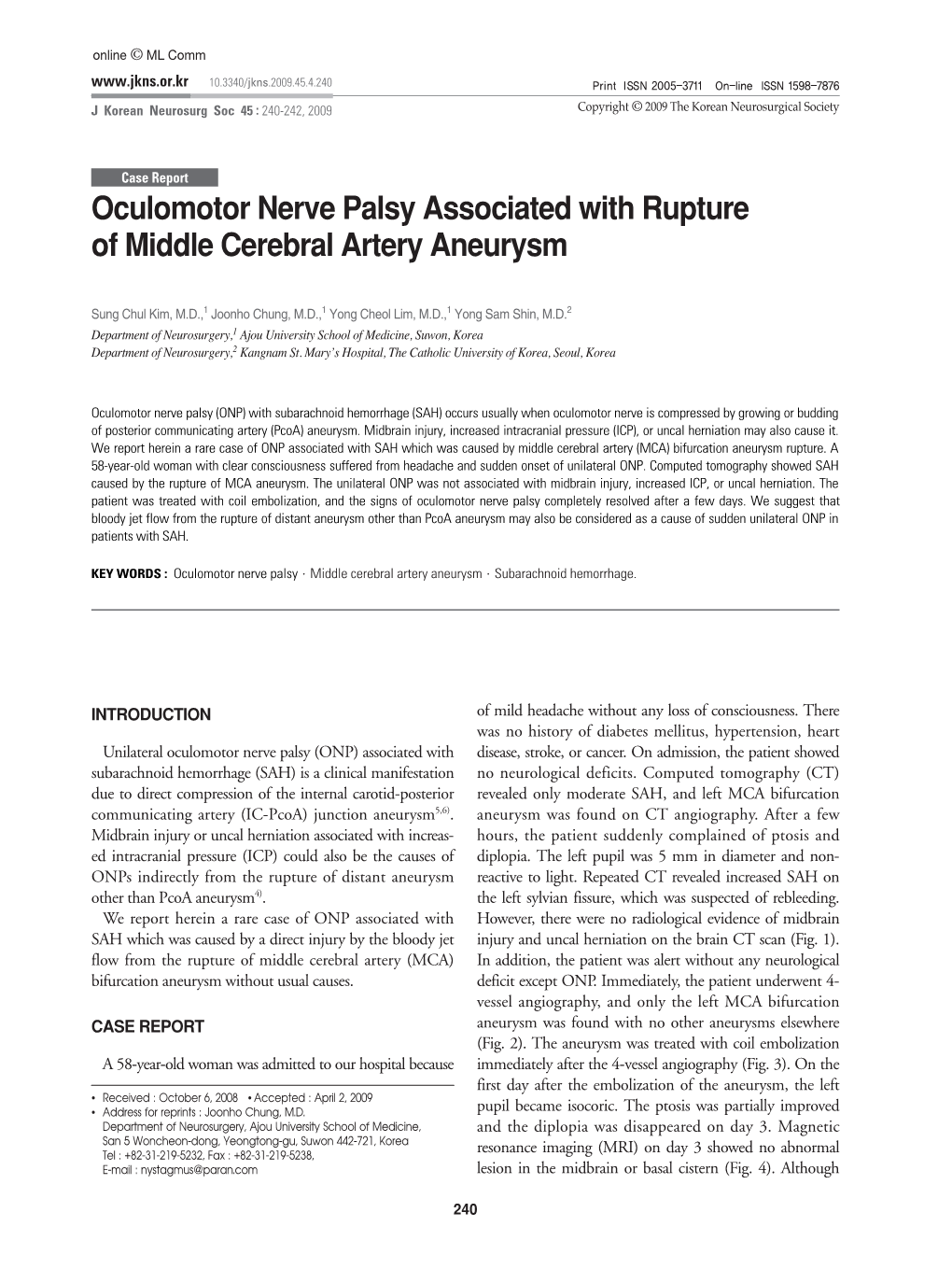 Oculomotor Nerve Palsy Associated with Rupture of Middle Cerebral Artery Aneurysm