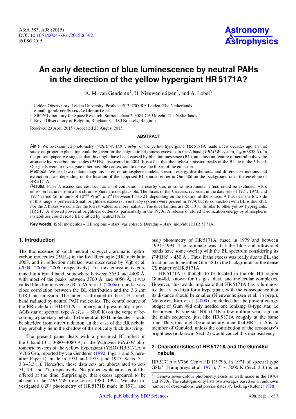 An Early Detection of Blue Luminescence by Neutral Pahs in the Direction of the Yellow Hypergiant HR 5171A?