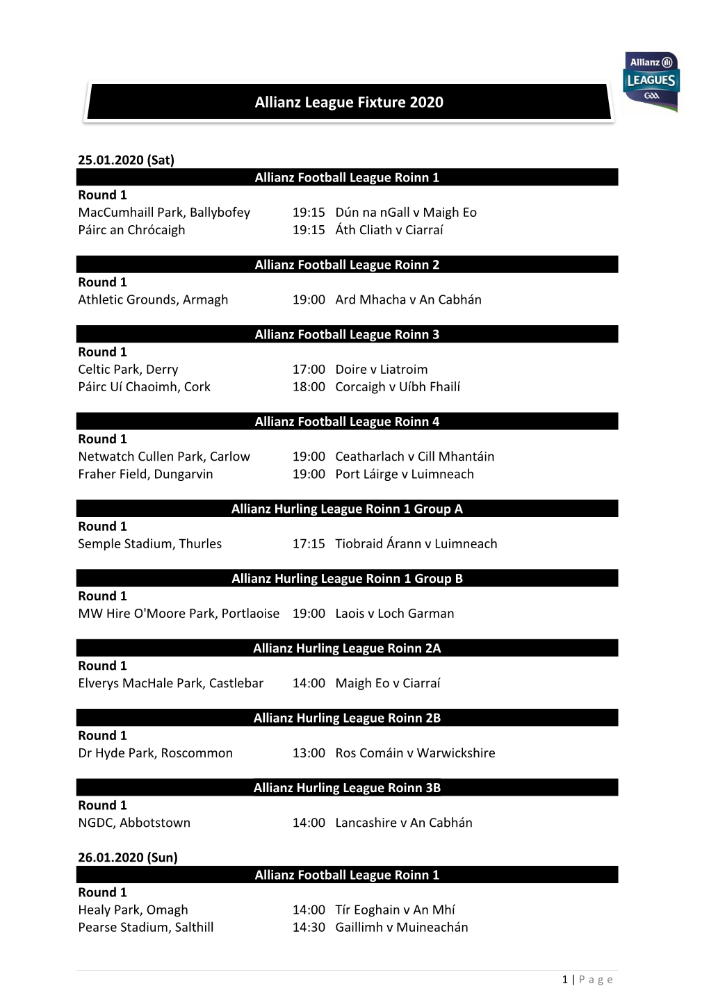 GAA Master Fixtures Schedule 2020