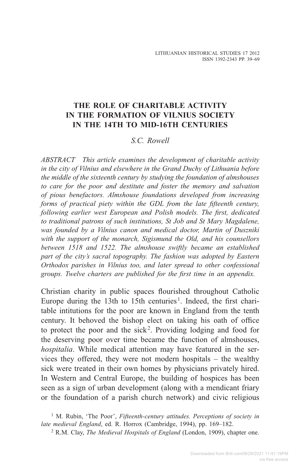 The Role of Charitable Activity in the Formation of Vilnius Society in the 14Th to Mid-16Th Centuries S.C