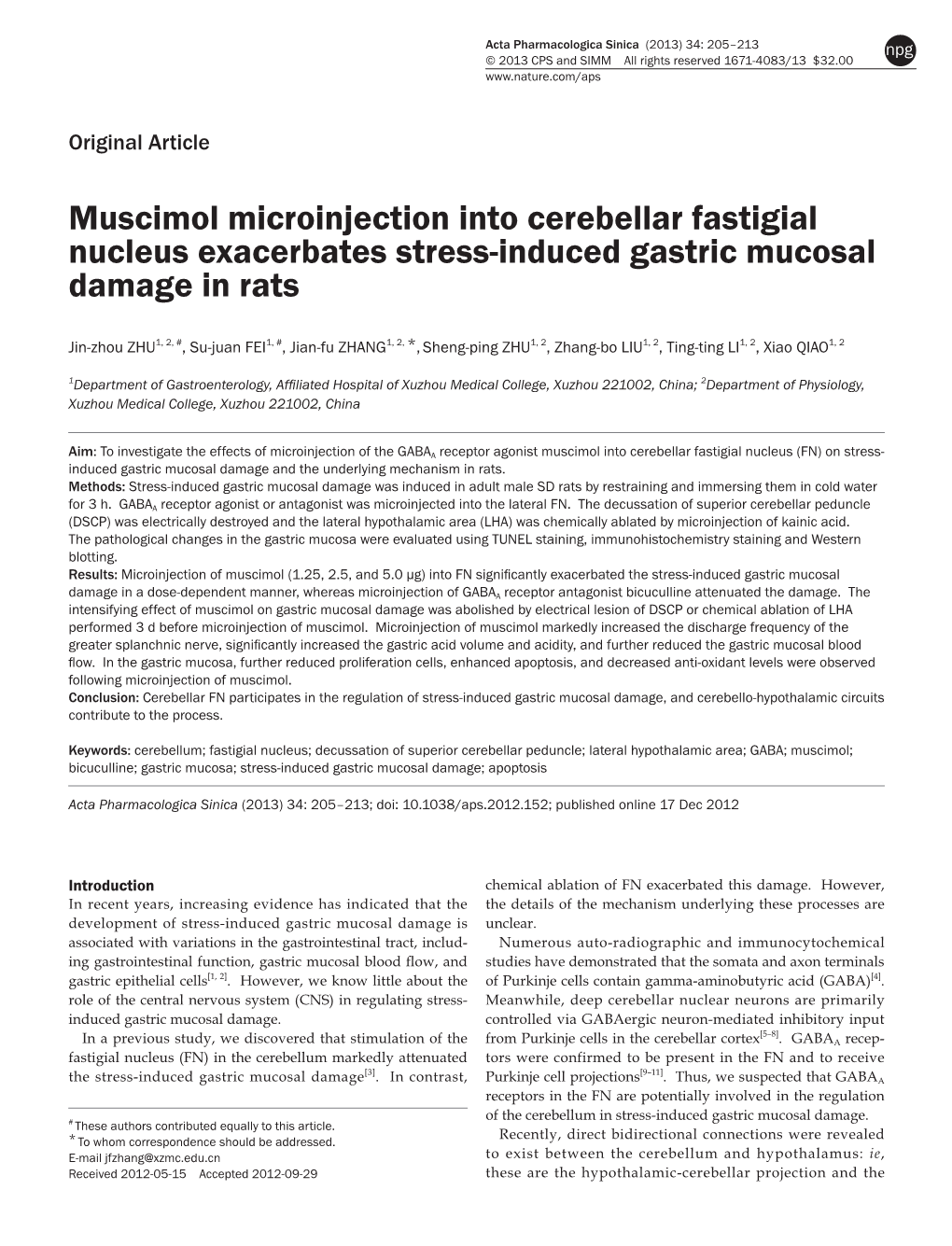Muscimol Microinjection Into Cerebellar Fastigial Nucleus Exacerbates Stress-Induced Gastric Mucosal Damage in Rats