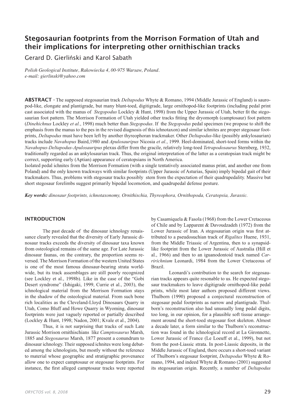 Stegosaurian Footprints from the Morrison Formation of Utah and Their Implications for Interpreting Other Ornithischian Tracks Gerard D