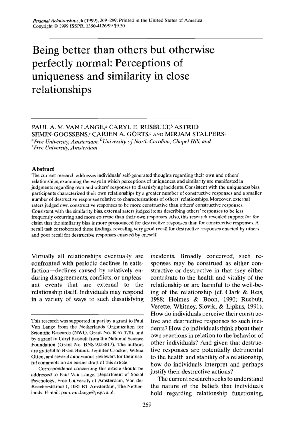 Perceptions of Uniqueness and Similarity in Close Relationships