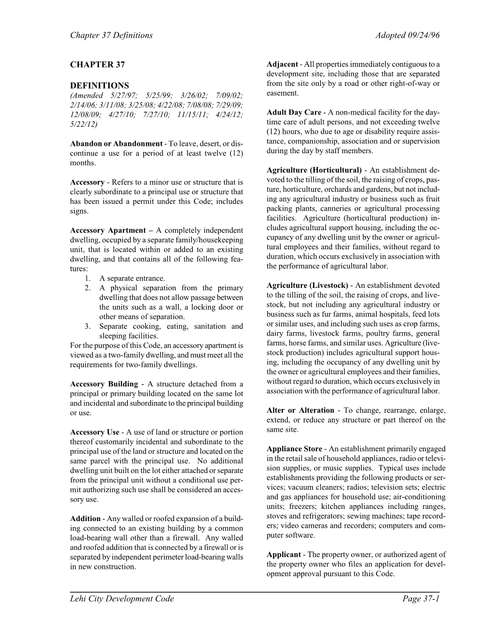 Chapter 37 Definitions Adopted 09/24/96 Lehi City Development