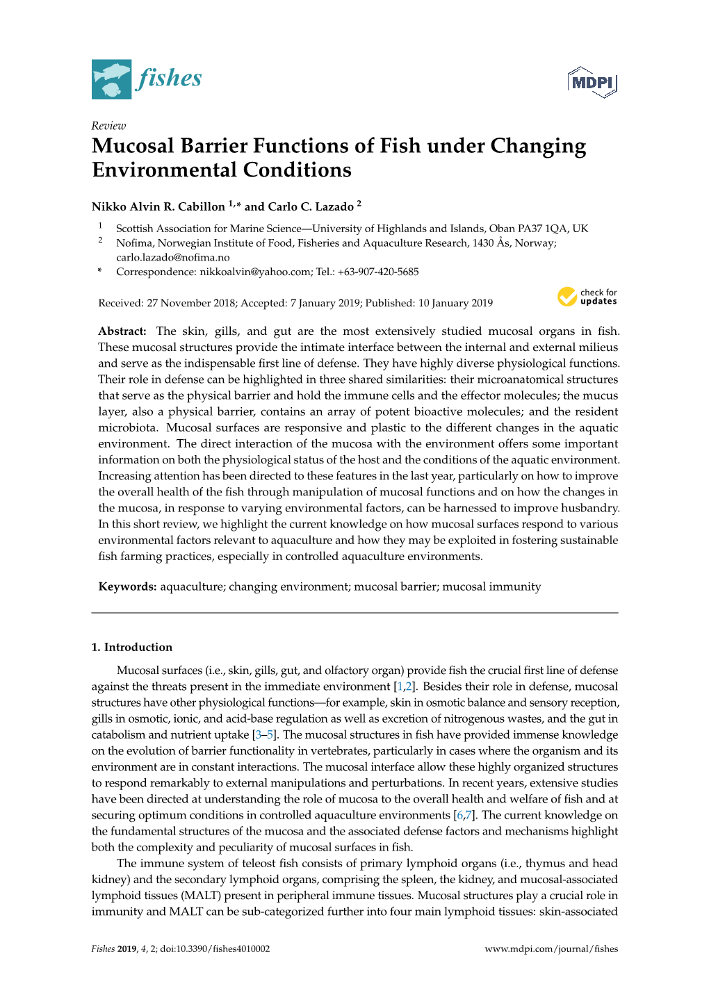 Mucosal Barrier Functions of Fish Under Changing Environmental Conditions