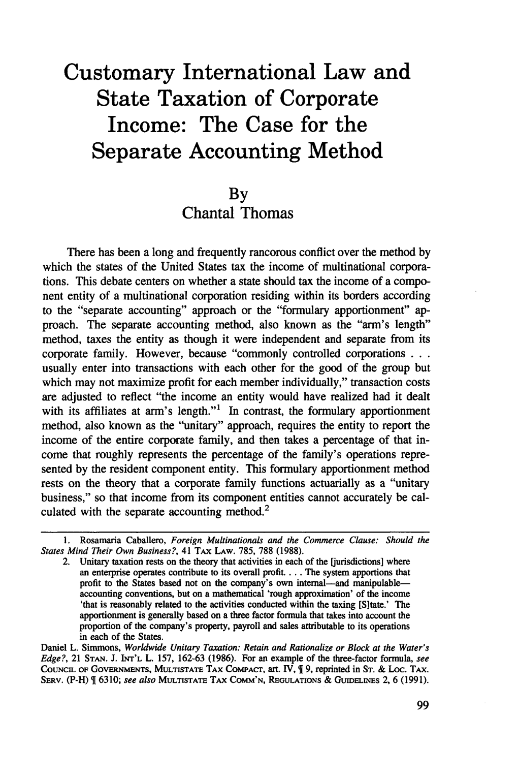 Customary International Law and State Taxation of Corporate Income: the Case for the Separate Accounting Method