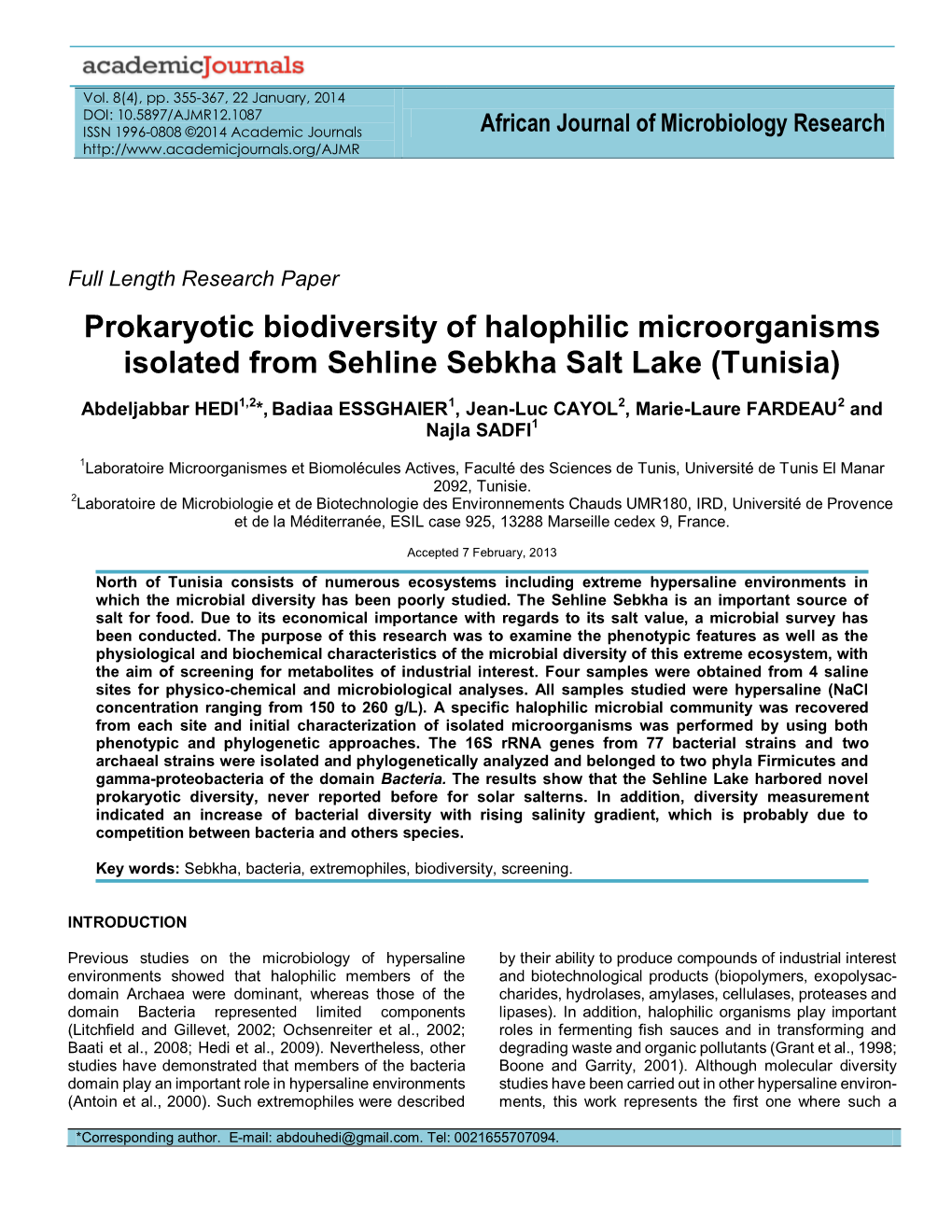 Prokaryotic Biodiversity of Halophilic Microorganisms Isolated from Sehline Sebkha Salt Lake (Tunisia)