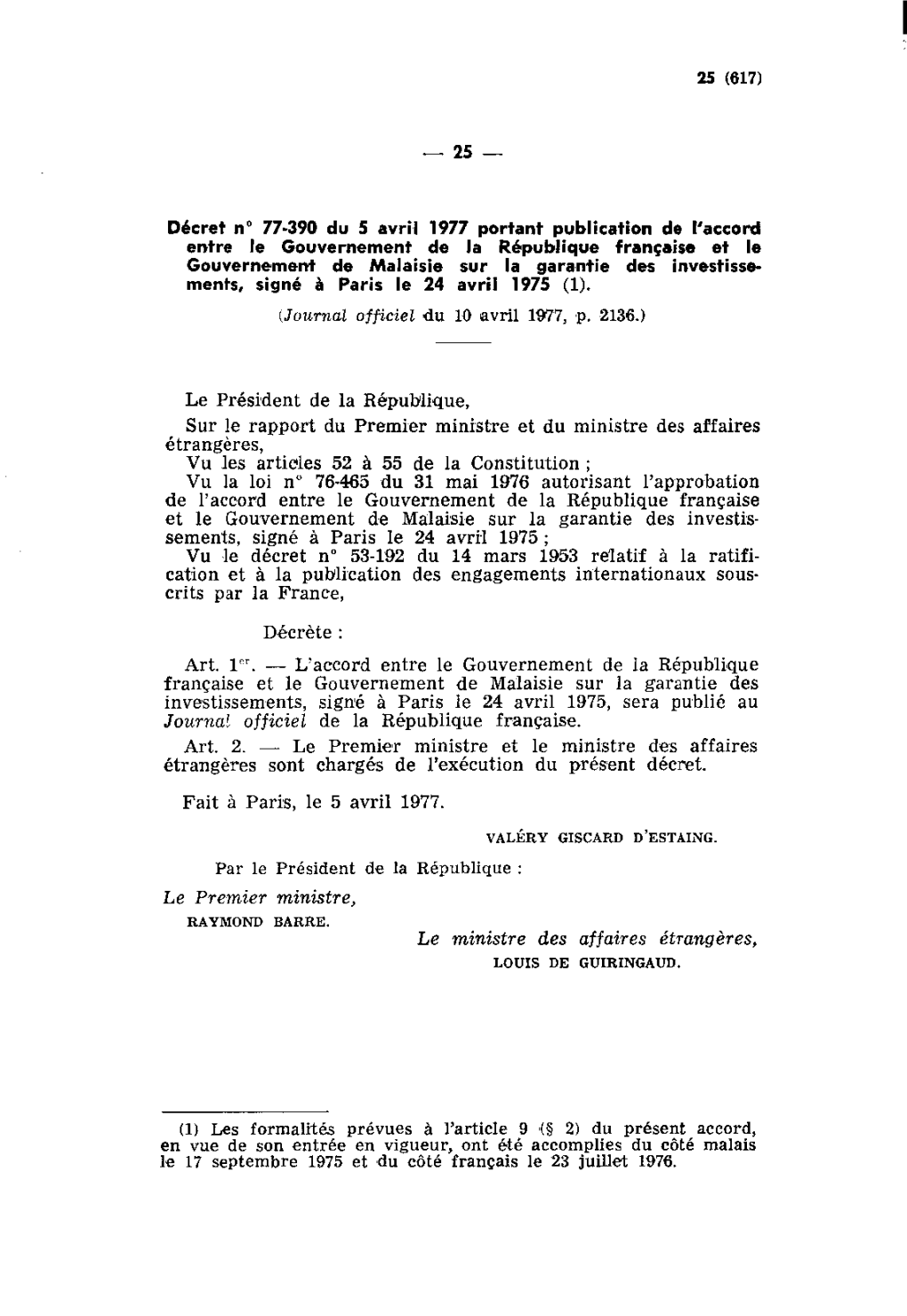 25- Decret No 77~390 Du 5 Avril 1977 Portant Publication De Ilaceord