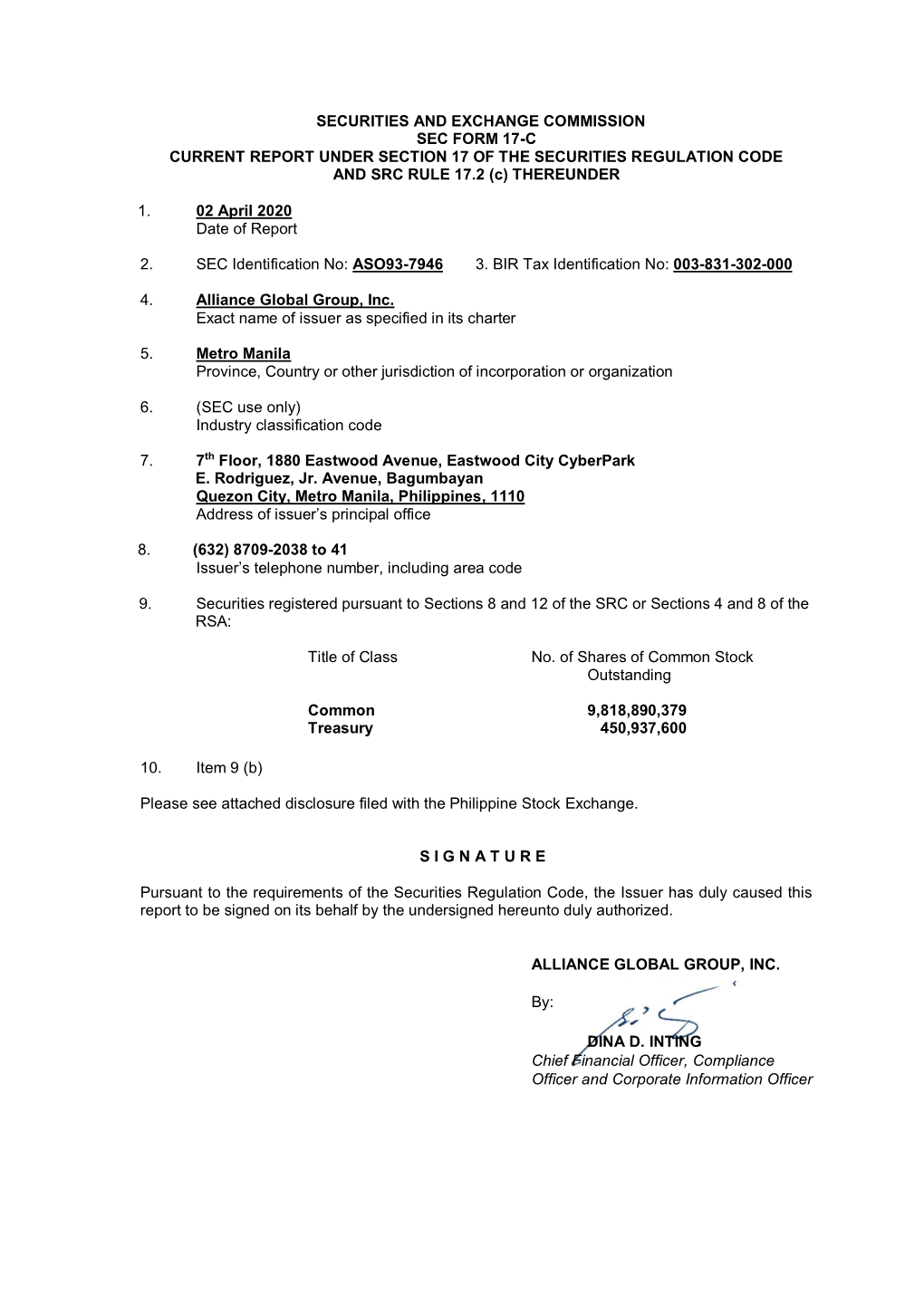 SECURITIES and EXCHANGE COMMISSION SEC FORM 17-C CURRENT REPORT UNDER SECTION 17 of the SECURITIES REGULATION CODE and SRC RULE 17.2 (C) THEREUNDER