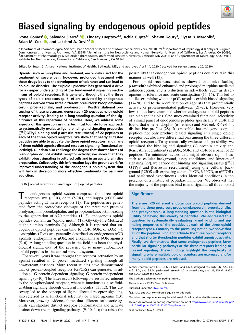 Biased Signaling by Endogenous Opioid Peptides