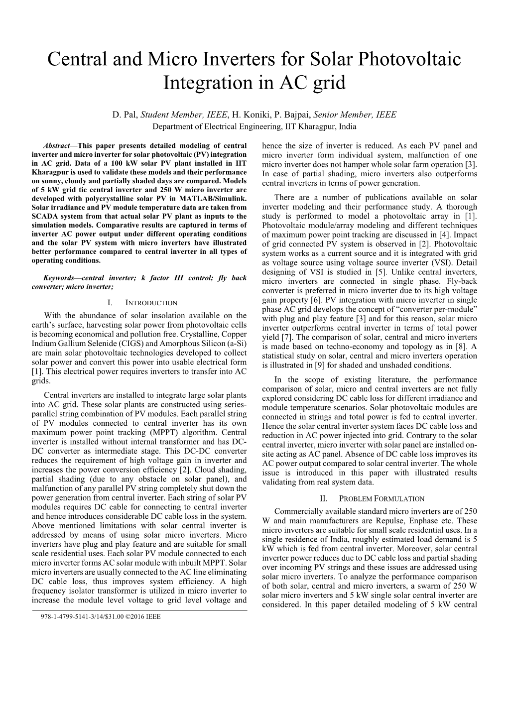 Central and Micro Inverters for Solar Photovoltaic Integration in AC Grid