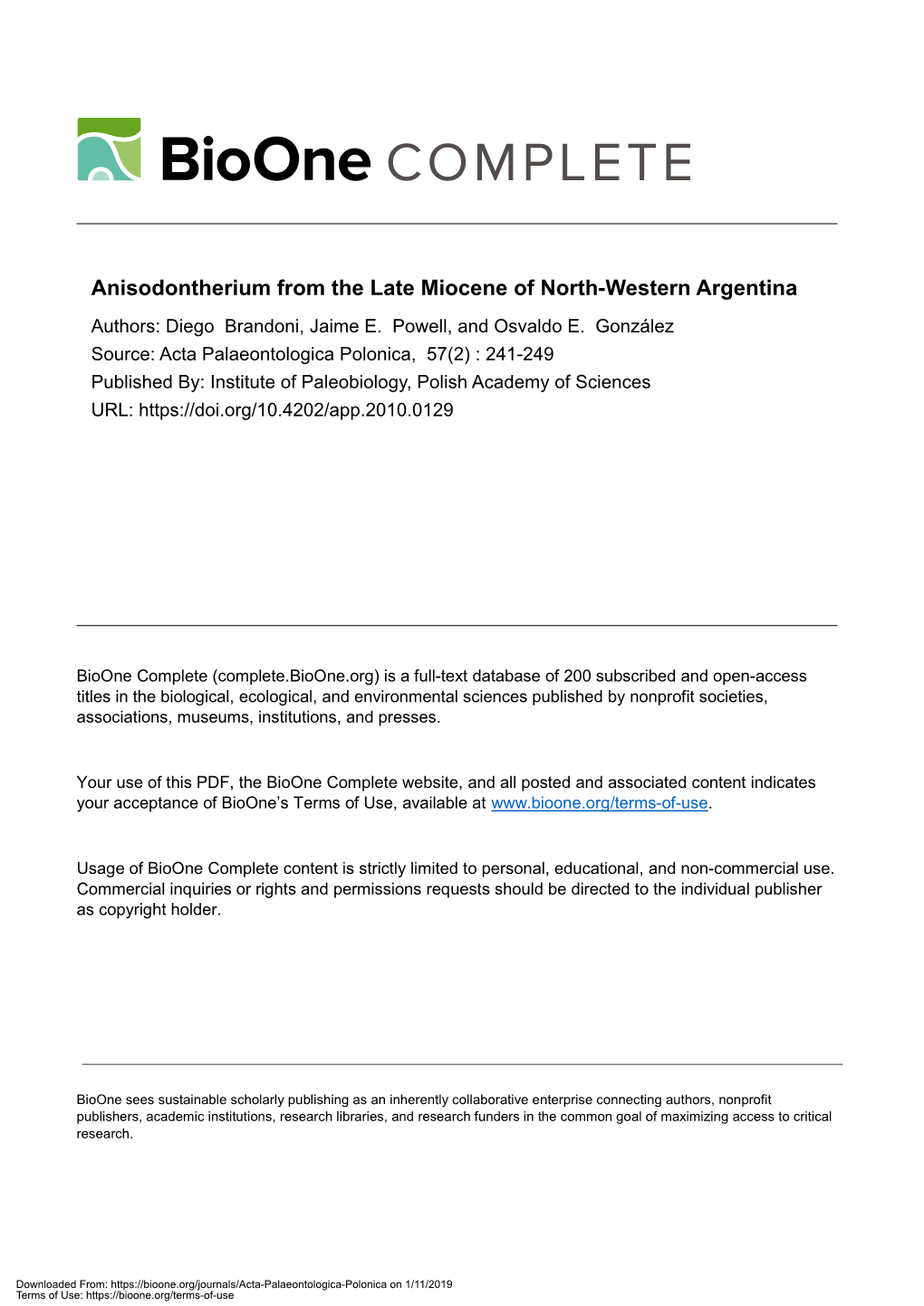 Anisodontherium from the Late Miocene of North-Western Argentina