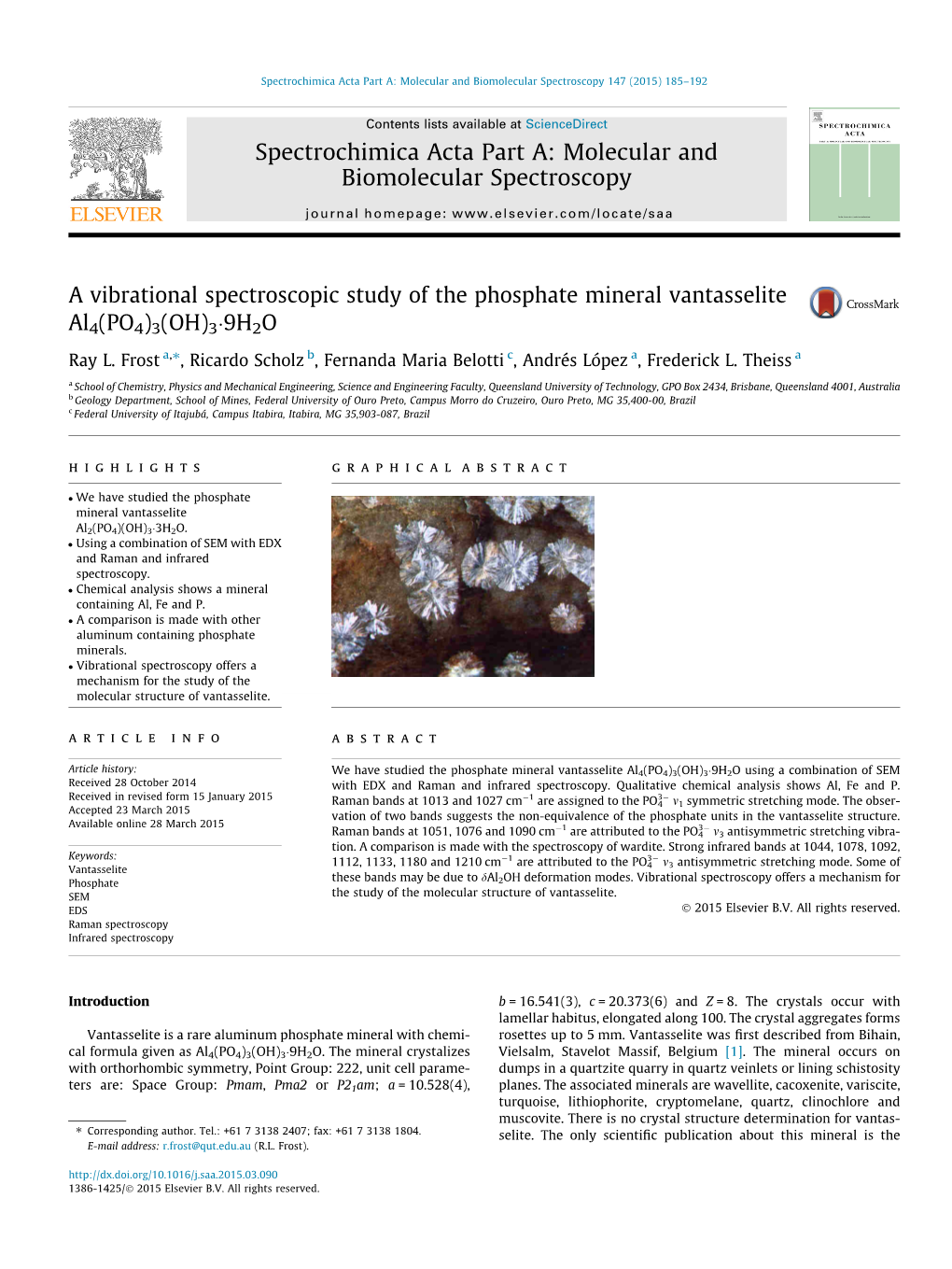 A Vibrational Spectroscopic Study of the Phosphate Mineral Vantasselite