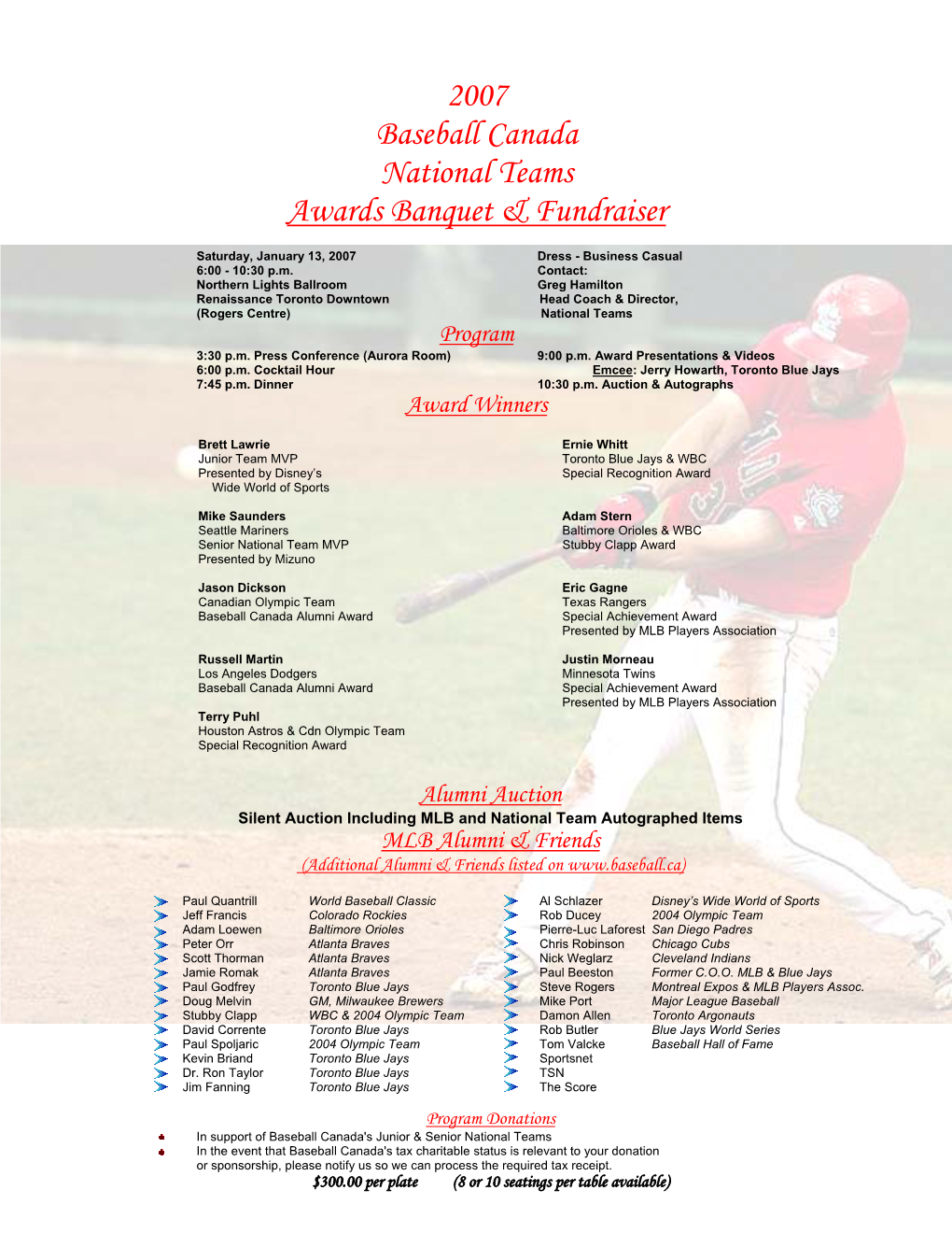 2007 Baseball Canada National Teams Awards Banquet & Fundraiser