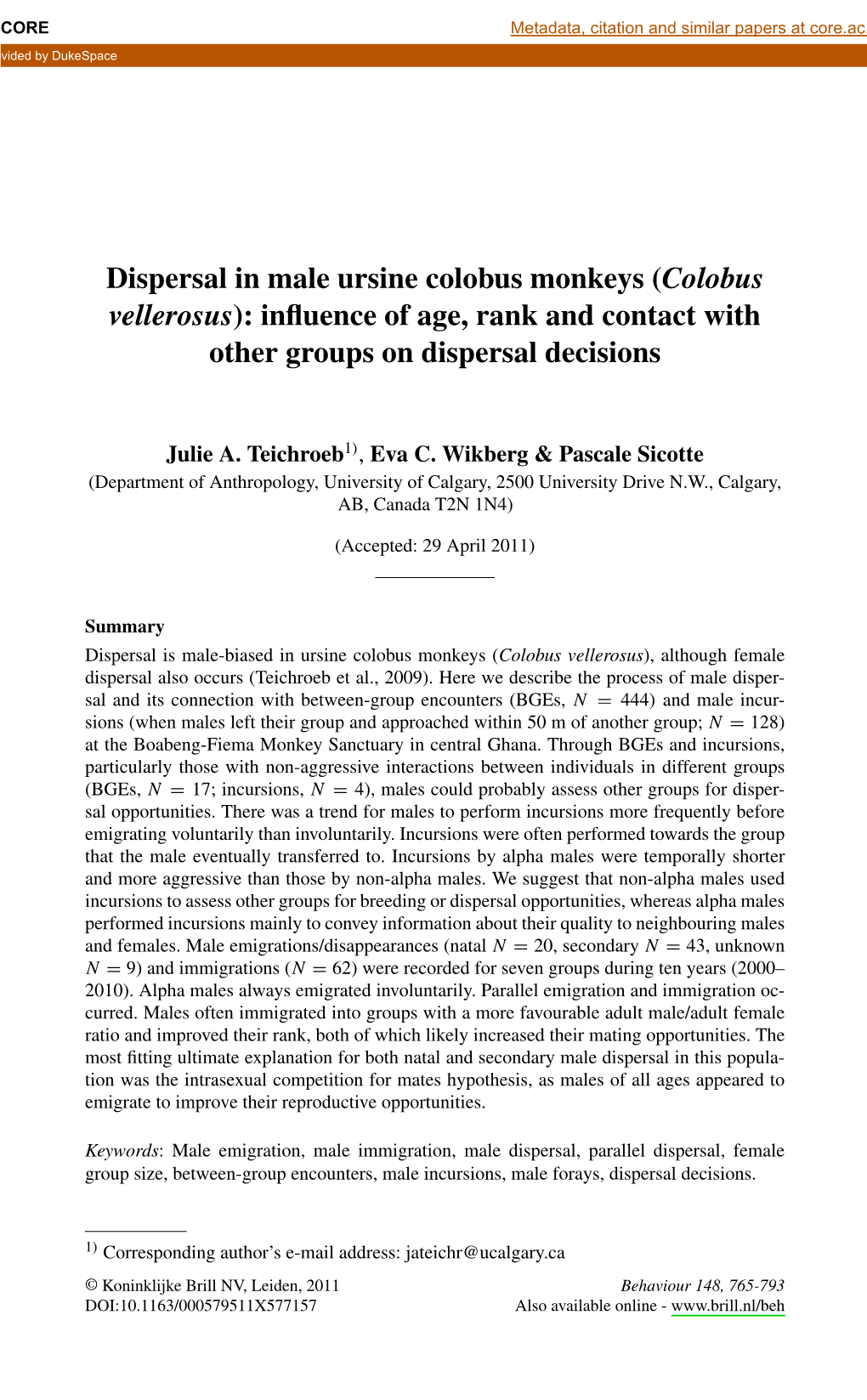 Colobus Vellerosus): Inﬂuence of Age, Rank and Contact with Other Groups on Dispersal Decisions