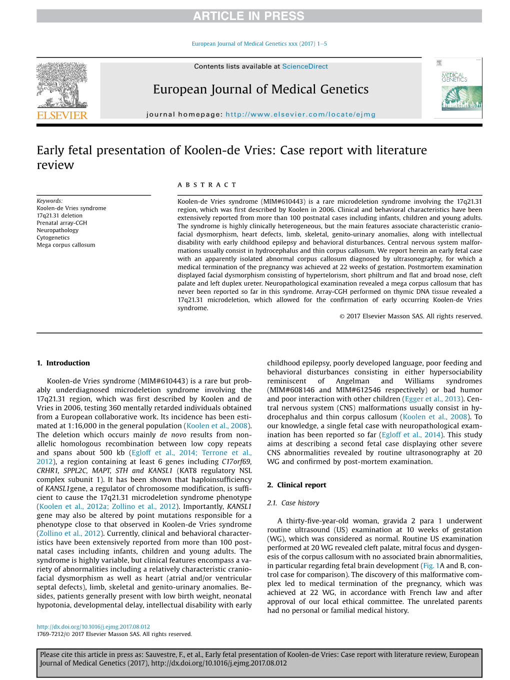 Early Fetal Presentation of Koolen-De Vries: Case Report with Literature Review