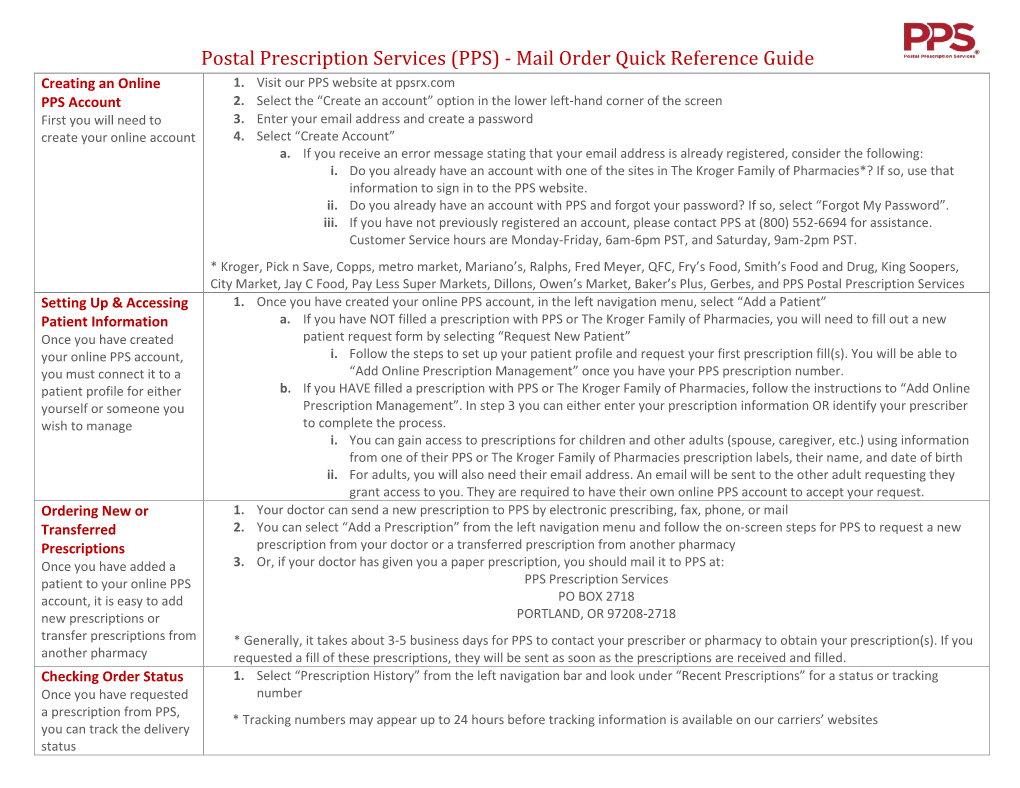 Postal Prescription Services (PPS) - Mail Order Quick Reference Guide Creating an Online 1