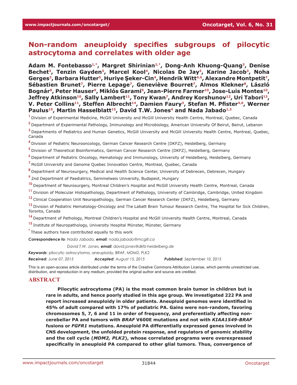 Non-Random Aneuploidy Specifies Subgroups of Pilocytic Astrocytoma and Correlates with Older Age