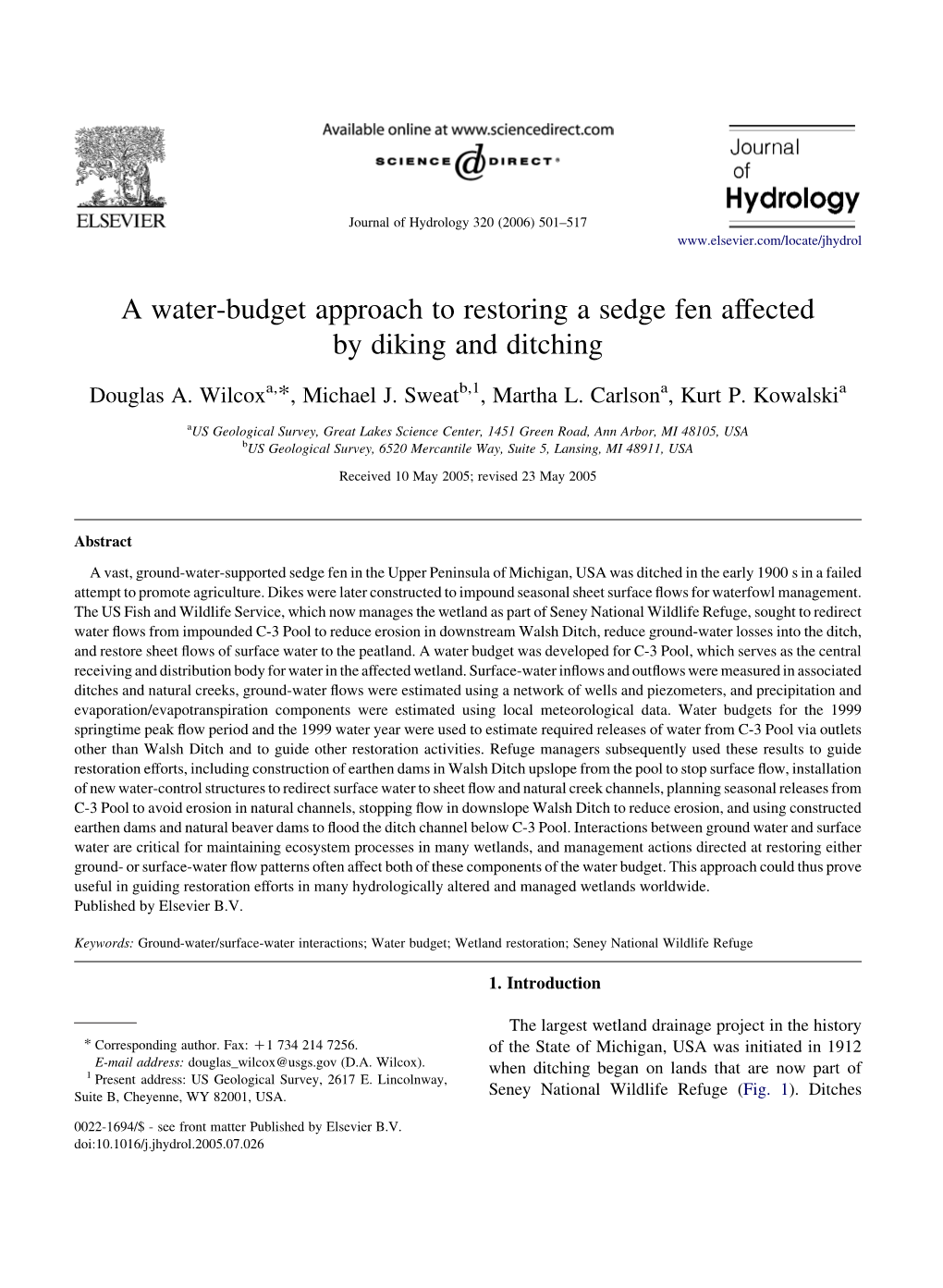 A Water-Budget Approach to Restoring a Sedge Fen Affected by Diking and Ditching