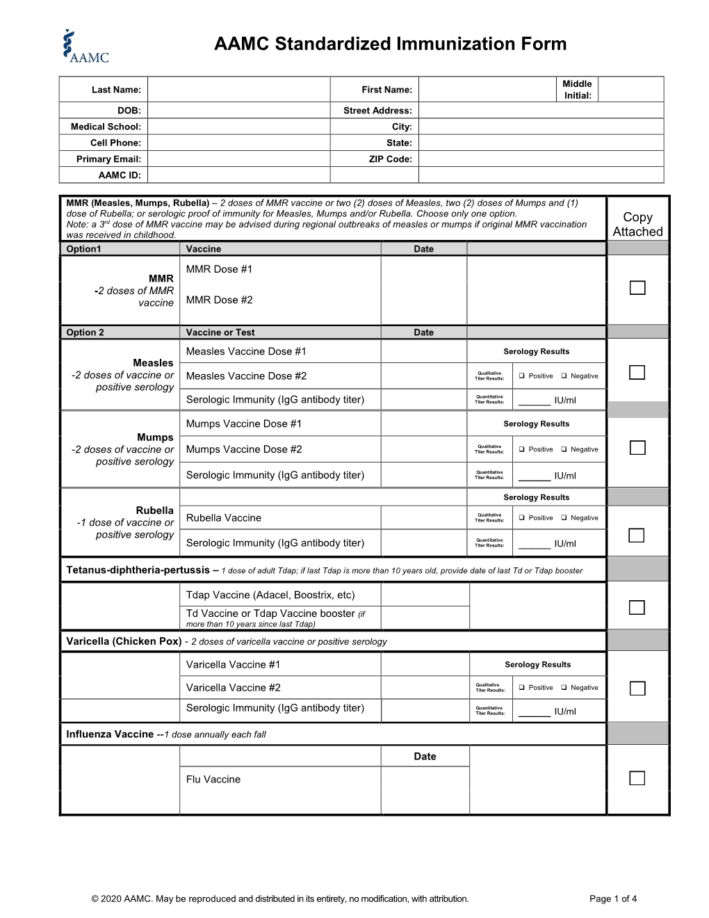 AAMC Standardized Immunization Form