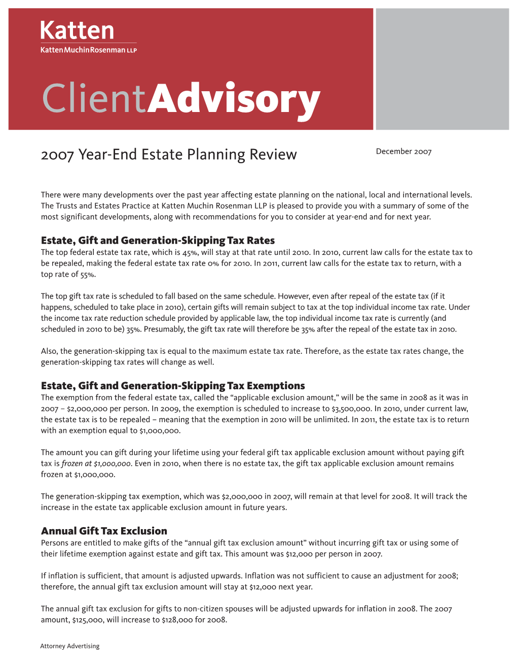 2007 Year-End Estate Planning Review December 2007