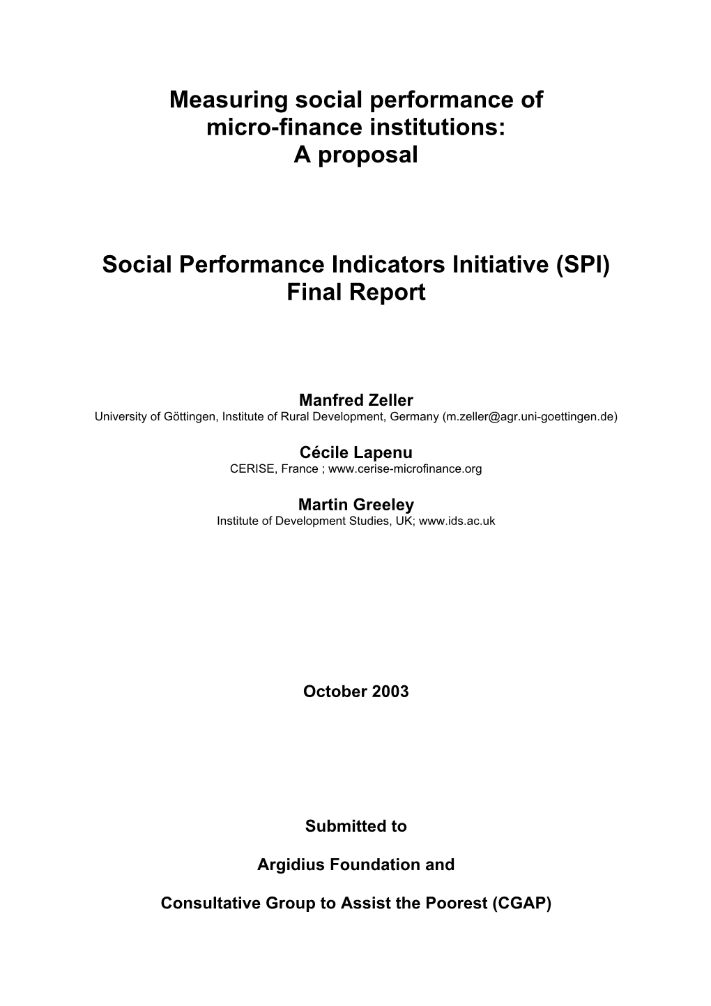 Social Performance Indicators Initiative (SPI): Summary Report Phase 1