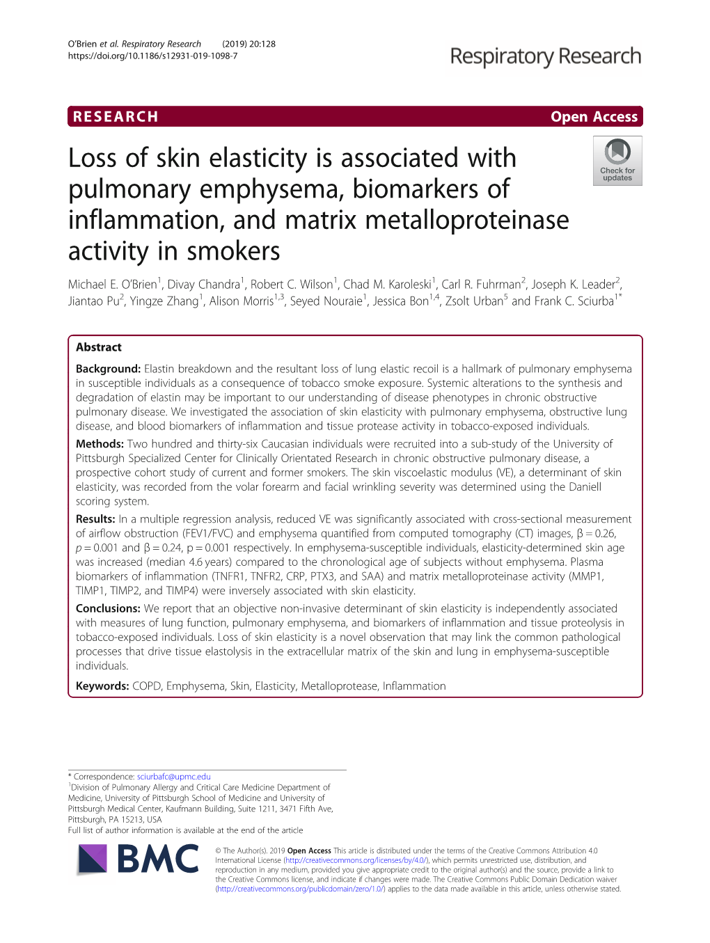 Loss of Skin Elasticity Is Associated with Pulmonary Emphysema, Biomarkers of Inflammation, and Matrix Metalloproteinase Activity in Smokers Michael E