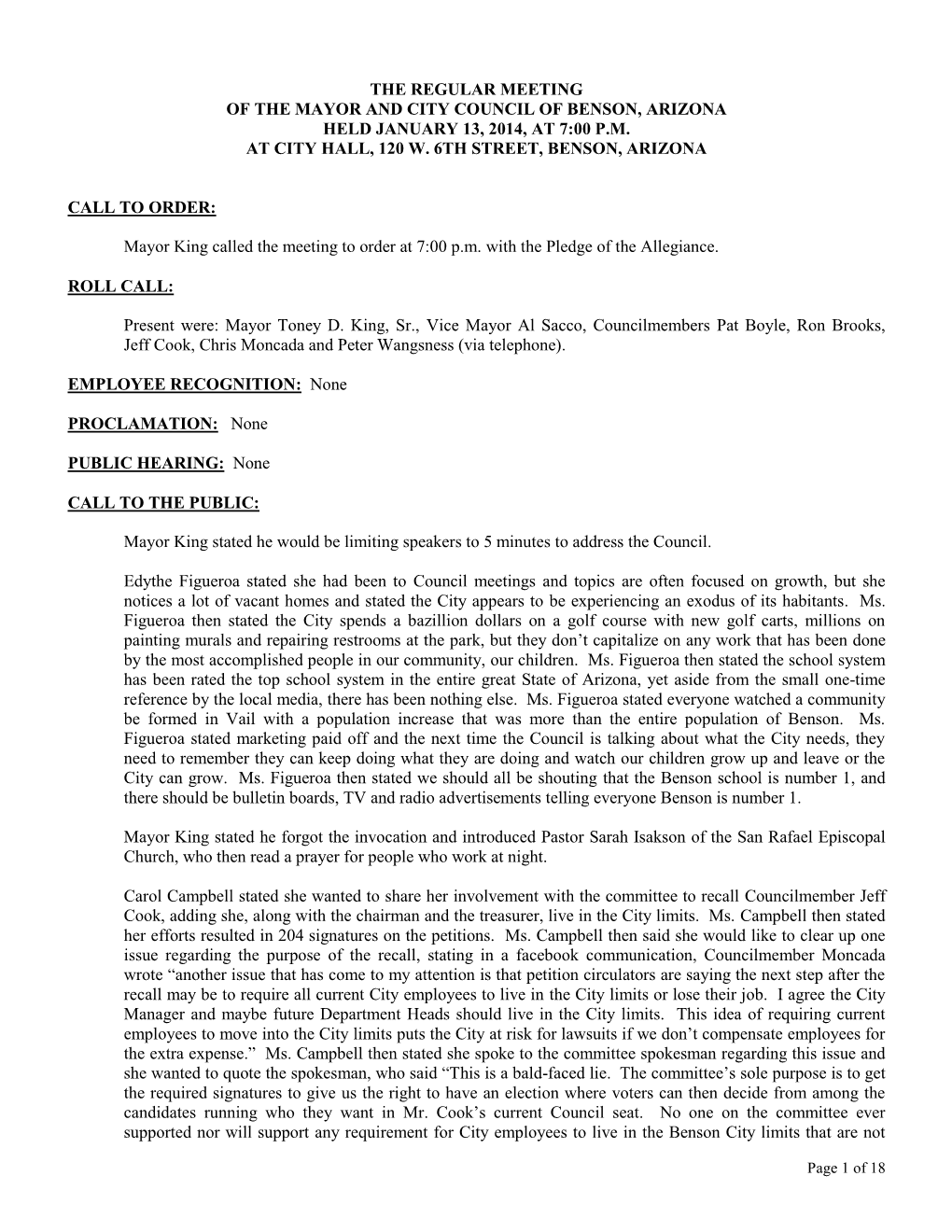 The Regular Meeting of the Mayor and City Council of Benson, Arizona Held January 13, 2014, at 7:00 P.M