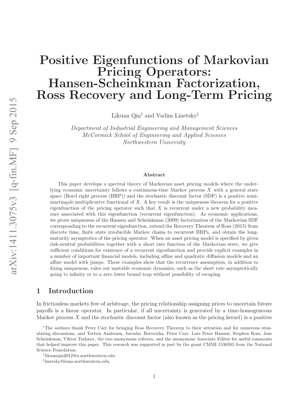 Positive Eigenfunctions of Markovian Pricing Operators