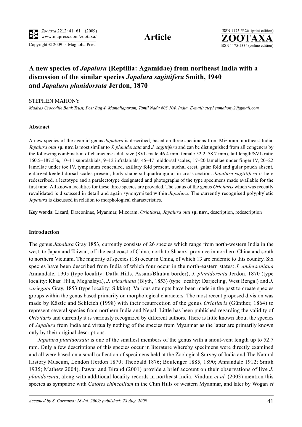 Zootaxa, a New Species of Japalura (Reptilia: Agamidae) from Northeast