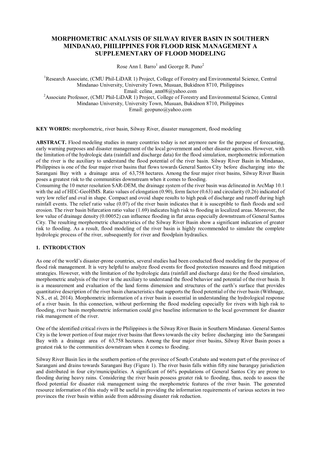 Morphometric Analysis of Silway River Basin in Southern Mindanao, Philippines for Flood Risk Management a Supplementary of Flood Modeling