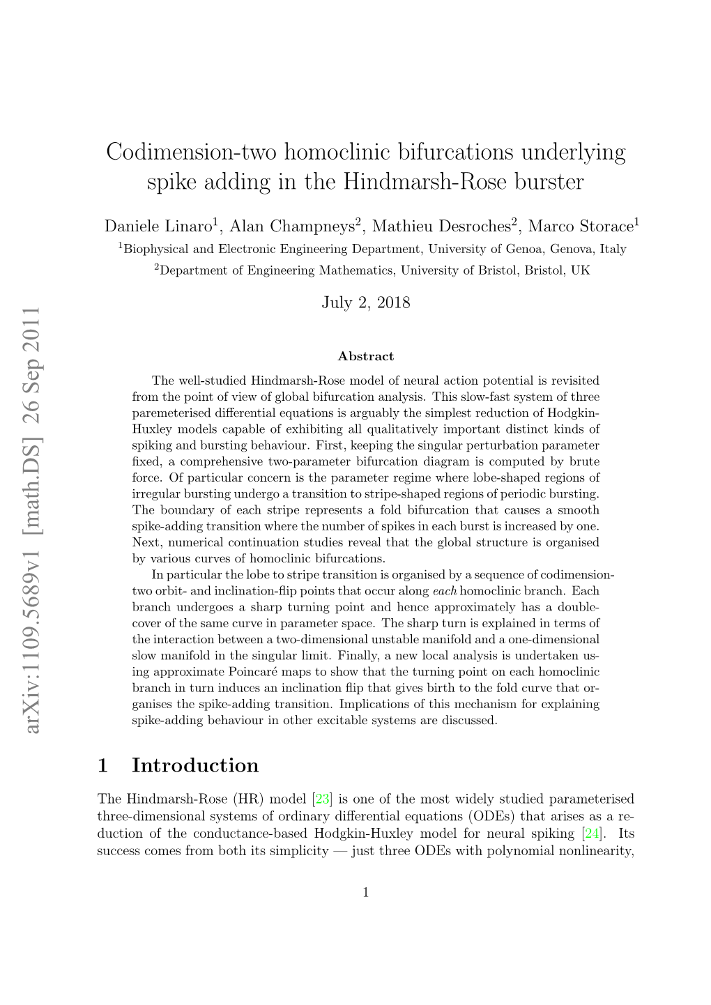 Codimension-Two Homoclinic Bifurcations Underlying Spike Adding in the Hindmarsh-Rose Burster Arxiv:1109.5689V1 [Math.DS] 26 S